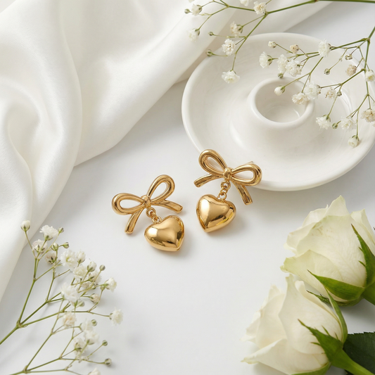 BOW HEART EARRING ( Anti tarnish )